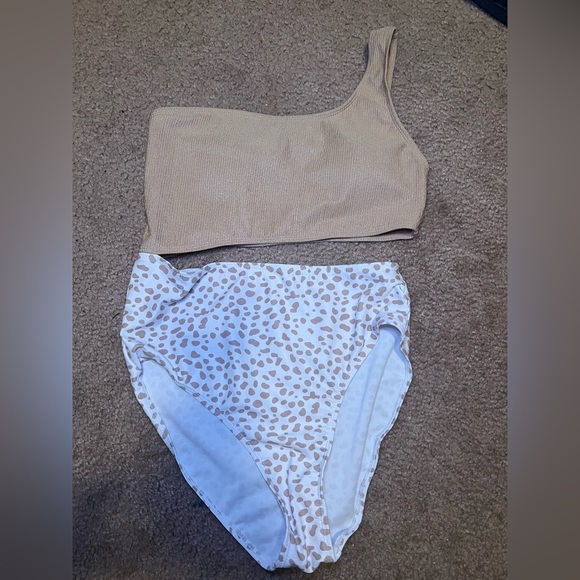 Tan One-Shoulder Bikini Top and White Leopard Print Bottoms - Picture 1 of 3